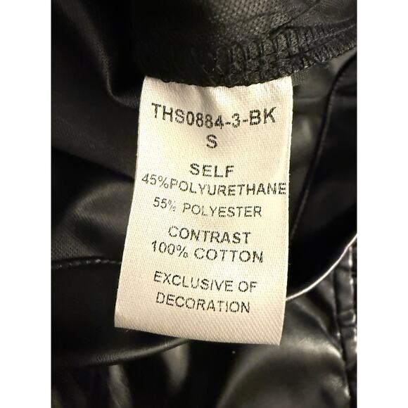 THML Small Black Faux Leather Short Flutter Sleeve Flowy Blouse Knit Neck - Picture 8 of 11